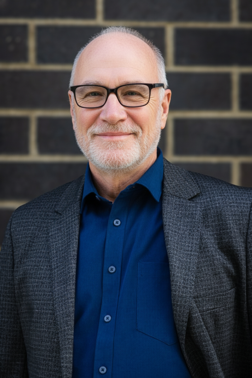 Man wearing glasses and a blue shirt with a gray blazer against a brick wall.