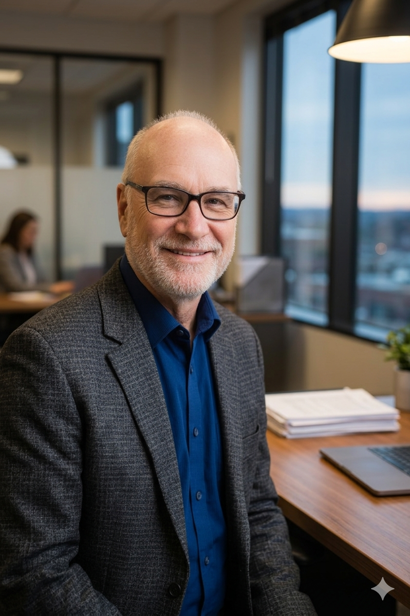 Man in a professional setting with a cityscape view