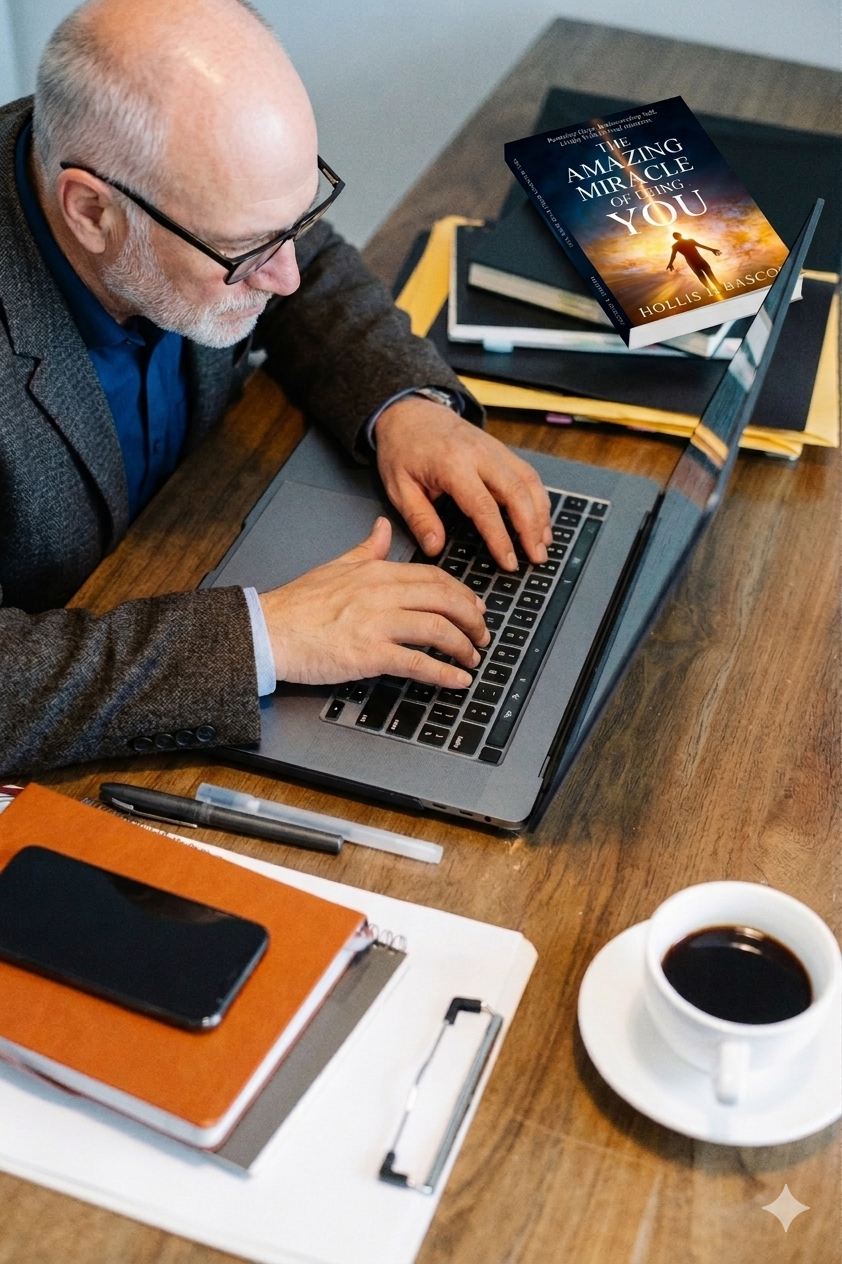 Man using a laptop at a desk with books, a phone, and a cup of coffee.